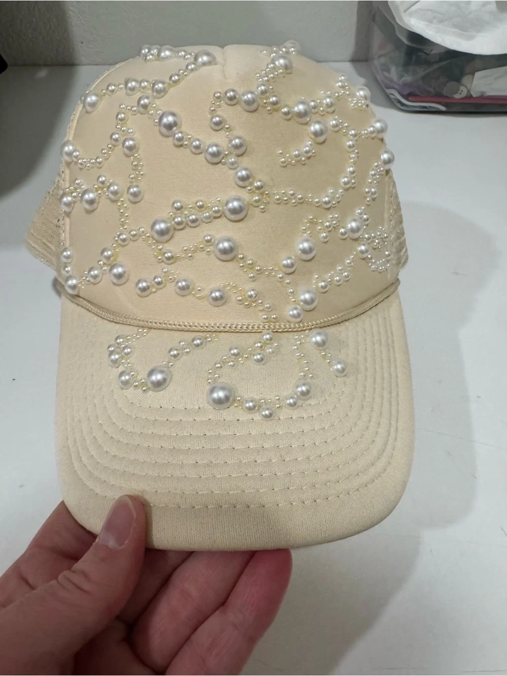 Pearl-Embellished Beige Baseball Cap - Women Accessories